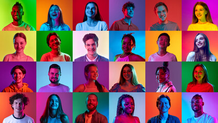 Collage of close-up shoots of ethnically diverse pensive, doubtful people, men and women expressing uncertain emotions over neon background.
