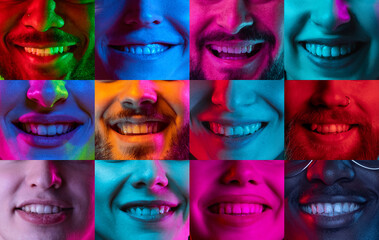 Collage with close up male and female faces, noses and smiling broadly mouths over multicolor...