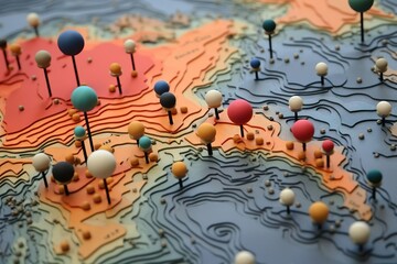 topographic map with colored needles pushpins close