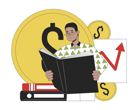 recommend clip art: Financial education flat line concept vector spot illustration. Man reading bookkeeping book. Finance literacy 2D cartoon outline object on white for web UI design. Editable isolated color hero image