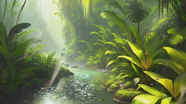 tropical green landscape with water and butterflies. Cartoon or anime illustration style. seamless looping 4K time-lapse virtual video animation background.