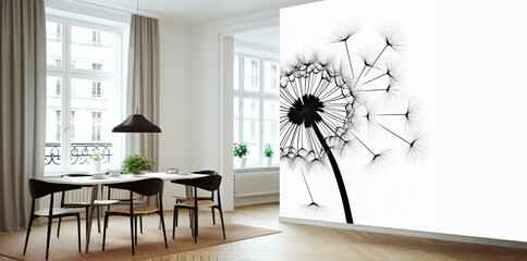 casual dining room with a dandelion wallpaper