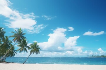 Obraz na płótnie Canvas Ocean beach blue sky scene. Generate Ai