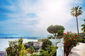 Fototapeta na wymiar Promenade balustrade over Malaga city and Mediterranean sea