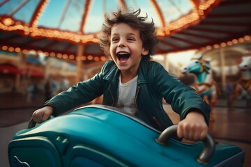 Excited Little boy on car ride at amusement park created with Generative AI technology