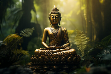 Golden Buddha Serenely Meditating in Lush Jungle Serenity