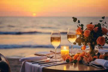 Luxury dinner beach view. Generate Ai - obrazy, fototapety, plakaty