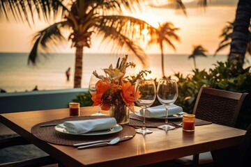 Luxury dinner beach romance. Generate Ai - obrazy, fototapety, plakaty
