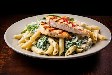 Grilled Chicken Florentine with Basil Parmesan Sauce and Penne Pasta. Generative AI - obrazy, fototapety, plakaty