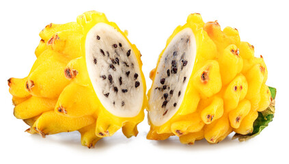 Yellow pitahaya or yellow dragon fruit cross cuts with white flesh and black seeds on white background.