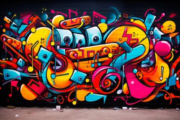 Music Graffiti Art: Cool & Colourful Urban Style Background on Wall Architecture for Dance & Music. Generative AI