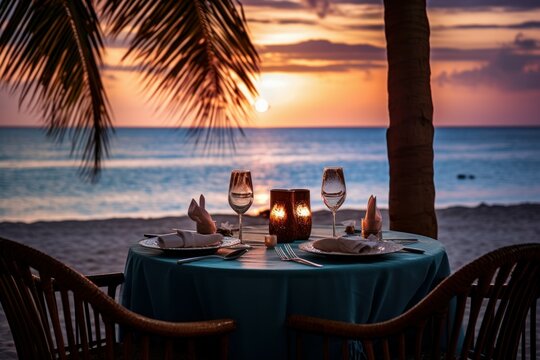 Luxury dinner beach view. Generate Ai