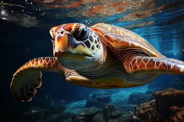 Fototapeta premium A sea turtle roams leisurely in the vast ocean. AI generative