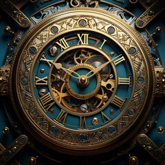 Fototapeta na wymiar A mesmerizing journey through time, Enchanting steampunk-inspired antique clock face on ornate clock background