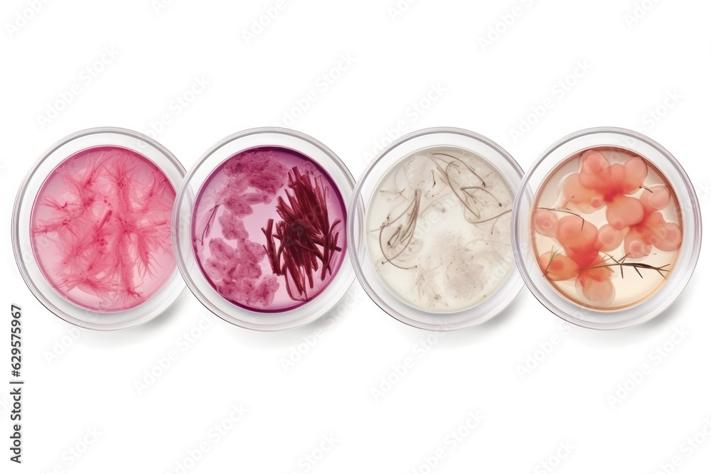 Poster bacteriology: laboratory tests and bacterial colonies on petri dish minimalistic on white background