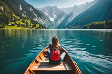 A woman sitting in a boat on a lake