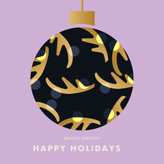 Christmas background, card, poster, holiday cover, web banner. Xmas modern design with hanging Christmas ball and golden conical deer antlers on lilac color background with gold and white snowflakes.