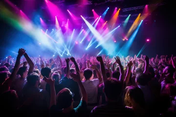 Fototapeten Silhouetted concert crowd rejoices under vibrant stage lights at music festival. © olga_demina