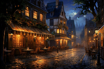 Fototapeta premium European Charm: Nighttime Ambiance at a Cobblestone Street Restaurant