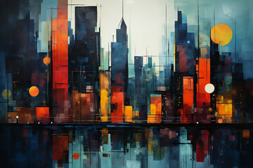 Nighttime Cityscape, Vibrant Abstract Mix of Tones and Hues