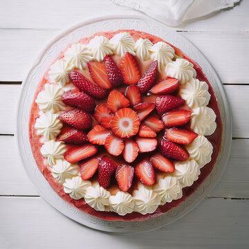 Plano cenital de una tarta de fresa decorada con fresas cortadas. Tarta de reposter&iacute;a sobre mesa de madera blanca. Pastel de fresa de reposter&iacute;a. Ilustraci&oacute;n creada con herramientas generativas de IA.
