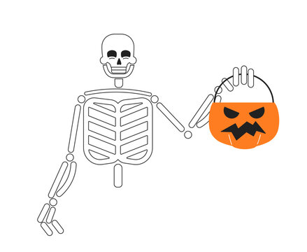 Skeleton trick-or-treating monochromatic flat vector character. Grinning skull holding pumpkin basket. Editable thin line half body person on white. Simple bw cartoon spot image for web graphic design