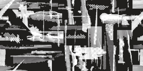 Obraz premium Glitch distorted grungy abstract forms . Halftone dots seamless pattern texture. Grange shapes .Grunge textured . Vector shapes with half tone dots .Screen print endless pattern texture