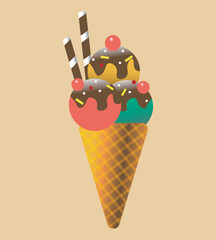 Vector illustration ice cream. Sweet summer treat. Ice cream cone.