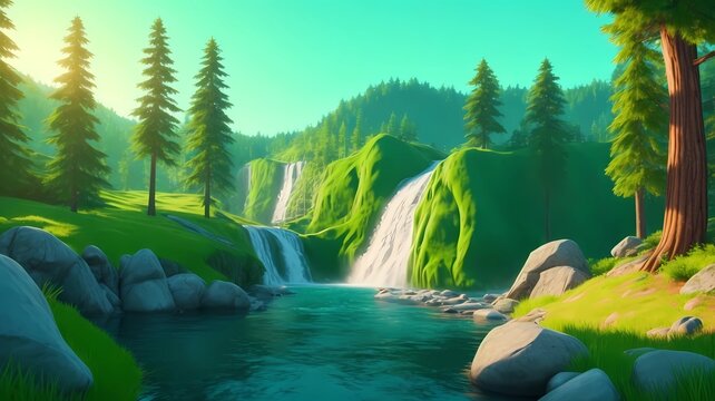 fantasy waterfall panorama image art illustration, generative Ai art