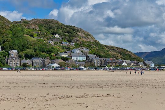 view of the town of Barmouth from the beach, UK