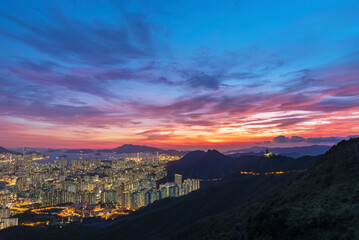 Idyllic landscape of sunset over Hong Kong city