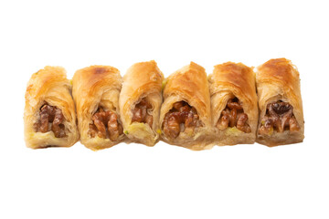 Delicious sweet baklava with walnuts isolated on white background.