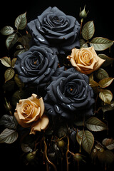 realistic portrayal of black roses forming a straight border on a solid black background. AI generative