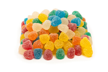 Assorted colorful gummy candies isolated on a white background.
