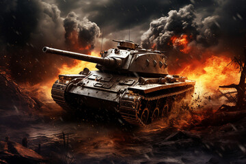 Photo realistic illustration tank on the battlefield. Veterans Day. World War background