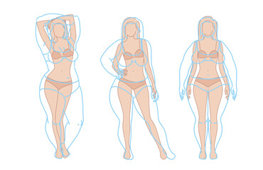 Woman body weight loss before and after diet. Emaciation Transformation Concept. Overweight obese female silhouette. health shape. Five angles figure front, 3 of 4, side views. Vector illustration