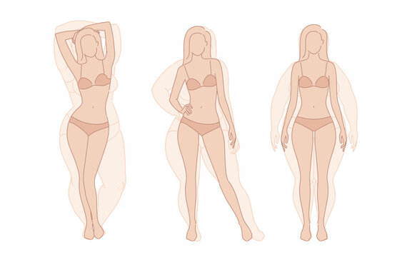Woman body weight loss before and after diet. Emaciation Transformation Concept. Overweight obese female silhouette. health shape. Five angles figure front, 3 of 4, side views. Vector illustration
