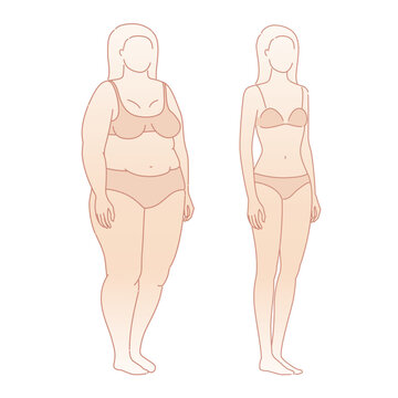 Woman body weight loss before and after diet. Emaciation Transformation Concept. Overweight obese female silhouette. health shape. Five angles figure front, 3 of 4, side views. Vector illustration