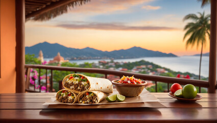 A visually stunning photograph of a Burritos placed on a table with view of a town, serene ocean, and majestic mountains in Zihuatanejo.