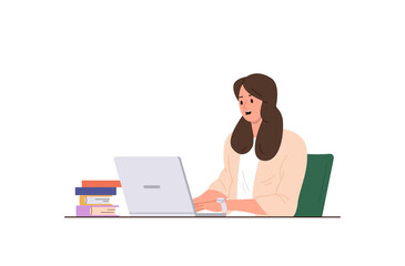 Happy woman character working or studying online using laptop computer isolated on white background