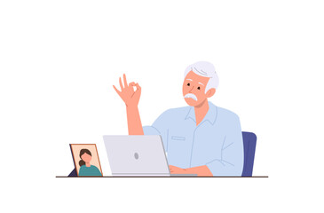 Happy senior man cartoon character using laptop computer for online communication with relatives