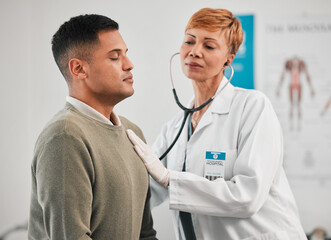 Doctor, asthma or woman with man breathing for healthcare, nursing or cardiology wellness services....