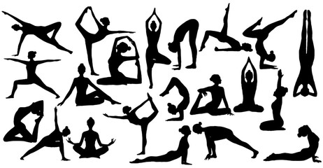 set of woman silhouettes doing yoga pose.