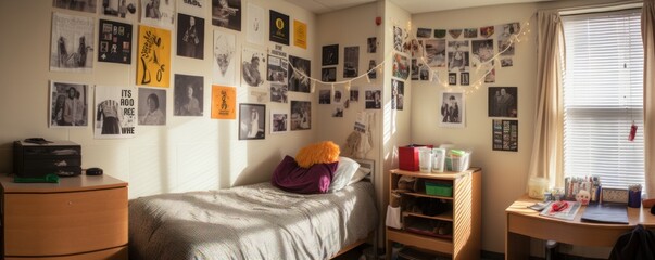Background image of teenagers room with lights and pictures on wall, copy space
