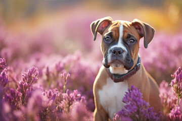 Boxer dog sitting in purple heather flower field. - obrazy, fototapety, plakaty