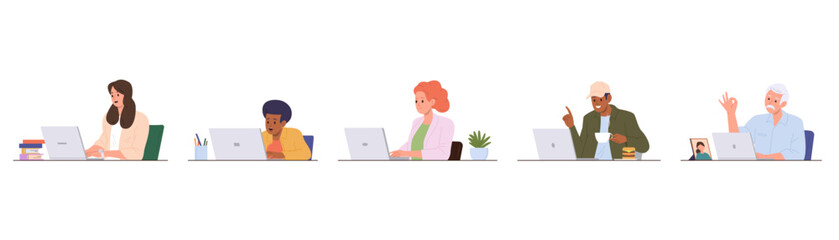 Isolated set of different age people cartoon character working or studying using laptop computer