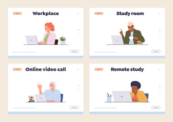 Obraz na płótnie Canvas Isolated set of landing page template advertising online education, elearning and video chat app