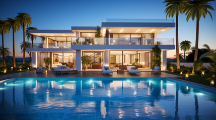 Modern and luxurious villa with swimming pool, just after sunset