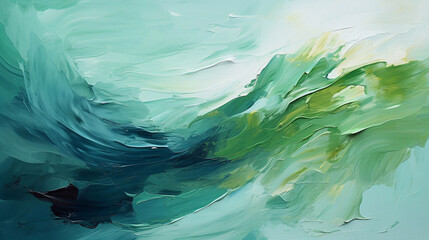Abstract oil painting with large brush strokes in green, mint, turquoise, white, and blue pastel colors. Wallpaper, background, texture.