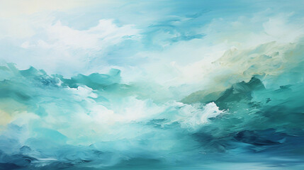 Abstract oil painting with large brush strokes in green, mint, turquoise, white, and blue pastel colors. Wallpaper, background, texture.